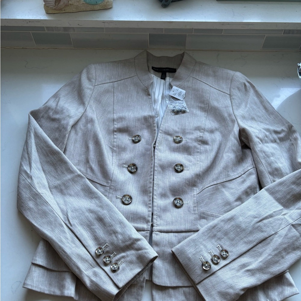 White House Black Market Cream Double-Breasted Linen-Blend Blazer